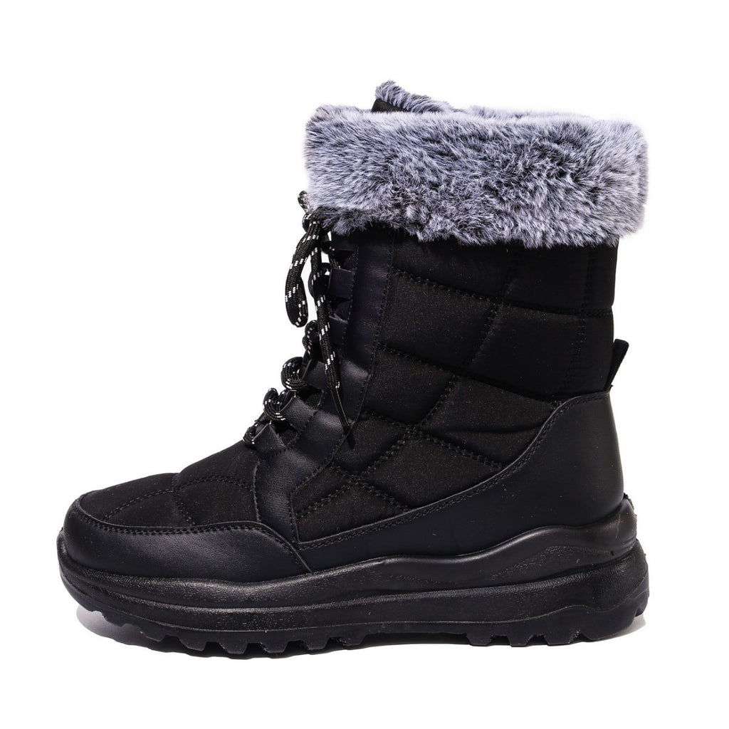 Black winter boot with gray fur lining on a white background