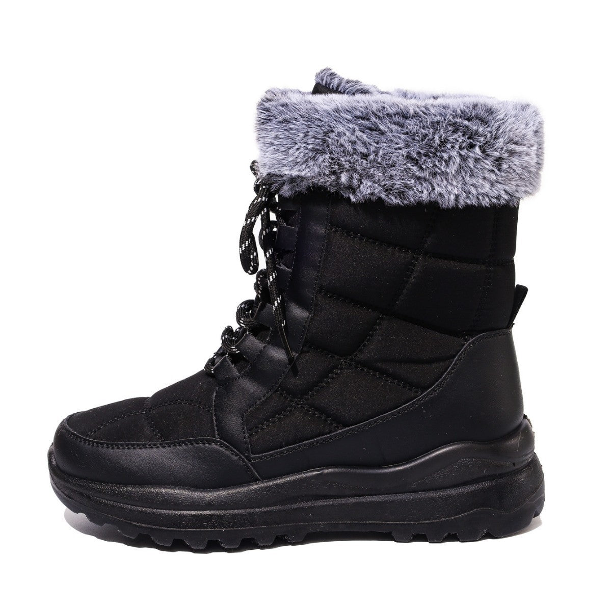 Black winter boot with gray fur lining on a white background