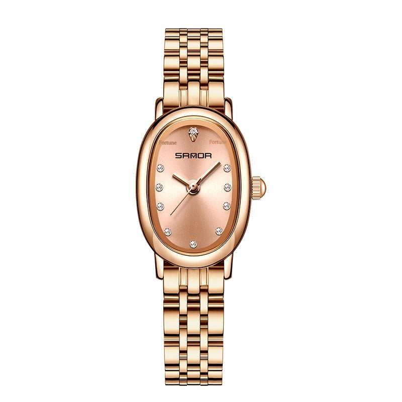 Rose gold watch with diamond accents on a white background