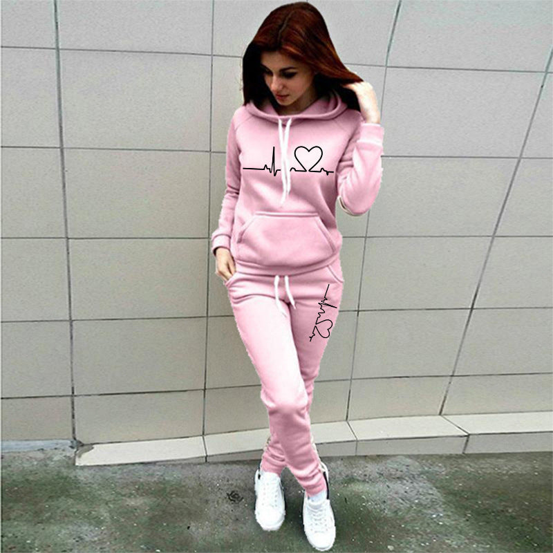 Fashion Love Printed Fleece Sports Suit Women